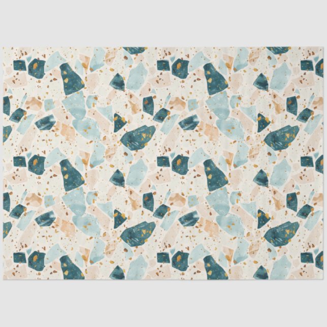 Terrazzo Teal and Gold Pattern Decoupage Tissue Paper (Front)