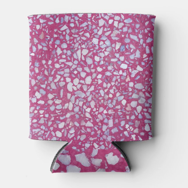 Terrazzo Texture: Pink White Elegance. Can Cooler (Front)