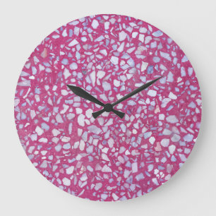 Terrazzo Texture: Pink White Elegance. Large Clock