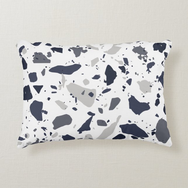 Terrazzo tile design black and grey on white accent pillow (Front)