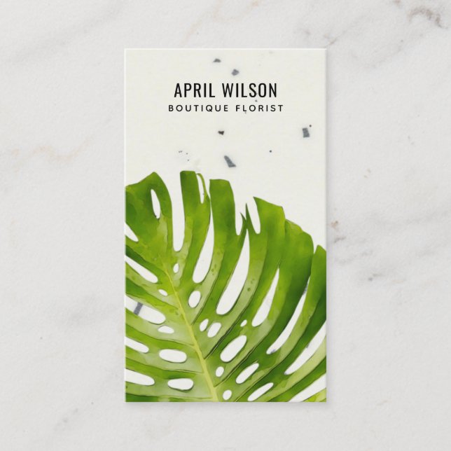 TERRAZZO WATERCOLOR GREEN MONSTERA LEAF FOLIAGE BUSINESS CARD (Front)