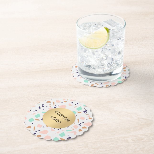 Terrazzo white blush mint business company logo paper coaster (Insitu)