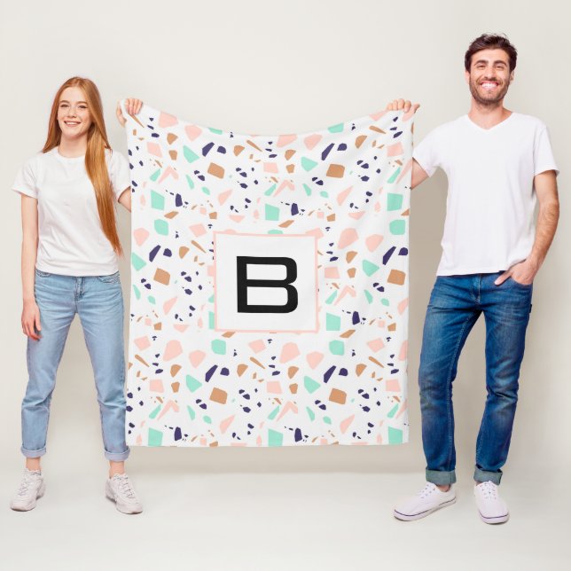 Terrazzo white blush mint monogram fleece blanket (In Situ)