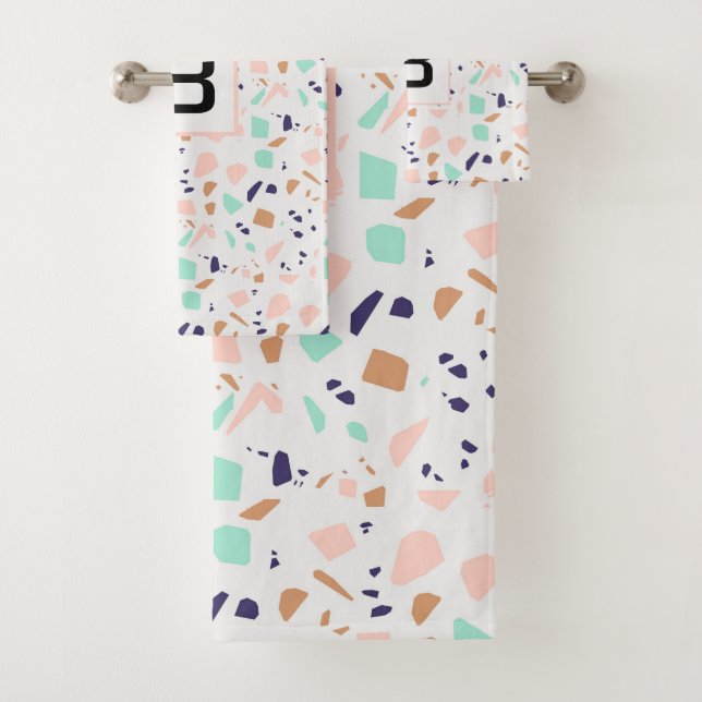 Terrazzo white blush mint monogram initial bath towel set (Insitu)