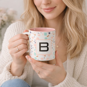 Terrazzo white blush mint monogram initial mug