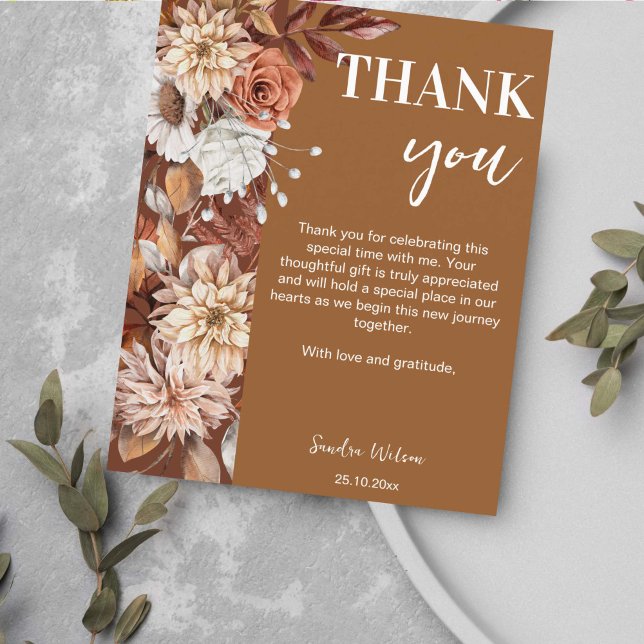 Terre désert fleur de boho brun merci cartes (Boho desert brown dried floral bridal shower thank you cards wedding thank you cards fall themed)
