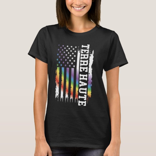 Terre Haute United States Distressed Rainbow w US  T-Shirt (Front)