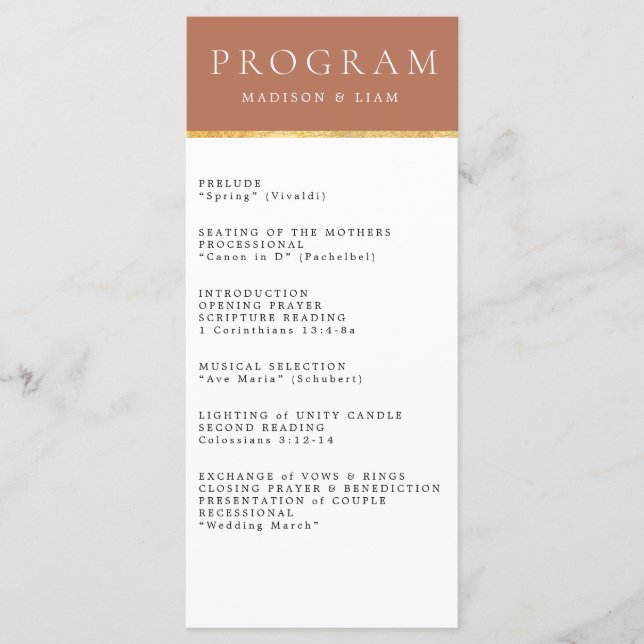 Terrecotta Gold foil Wedding Program (Front)