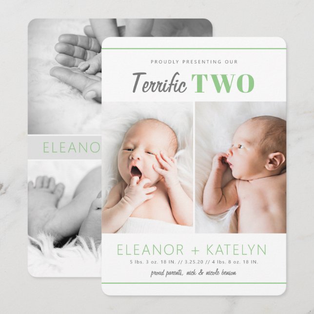 Terrible 2 Twins Faire-part de naissance Green (Devant / Derrière)