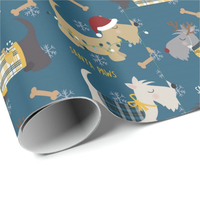 Terrier dogs in Christmas hats on blue Wrapping Paper (Roll Corner)