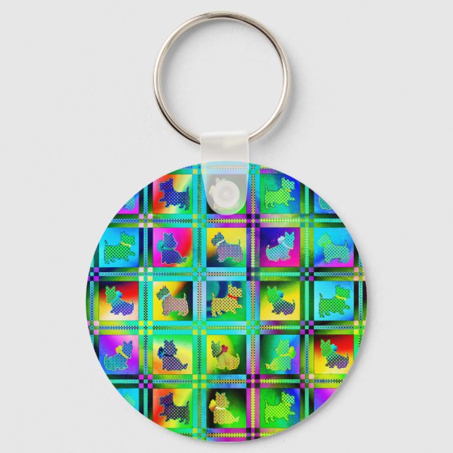 Terrier  Silhouettes  in a Checkeboard Pattern Keychain (Front)