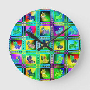 Terrier Silhouettes in a Checkeboard Pattern Round Clock