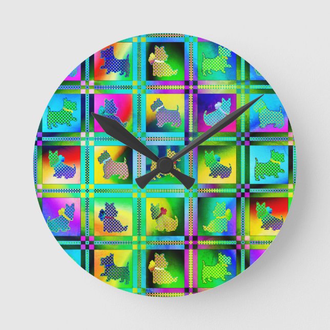 Terrier  Silhouettes  in a Checkeboard Pattern Round Clock (Front)