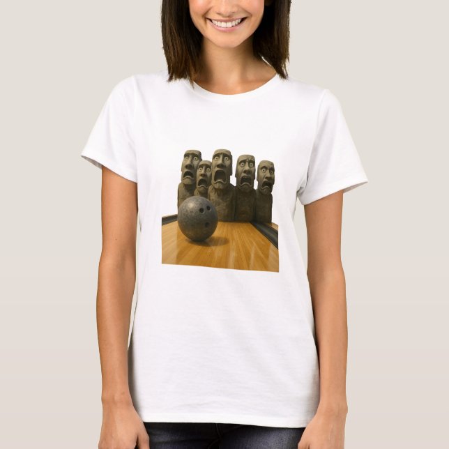 Terrified Moai Statues on a Bowling Lane T-Shirt (Front)
