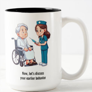 Terrified Senior Citizen Facing Giant Needle  Two-Tone Coffee Mug