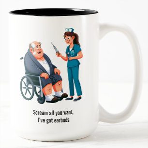Terrified Senior Citizen Facing Giant Needle  Two-Tone Coffee Mug