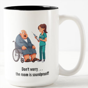 Terrified Senior Citizen Facing Giant Needle Two-Tone Coffee Mug