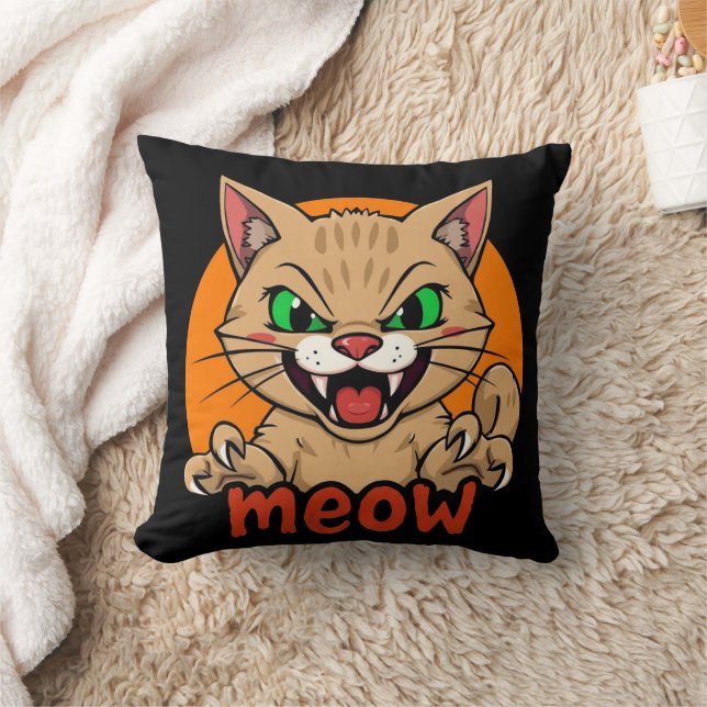 "Terrifying Meow: The Fierce Cat" Throw Pillow (Blanket)