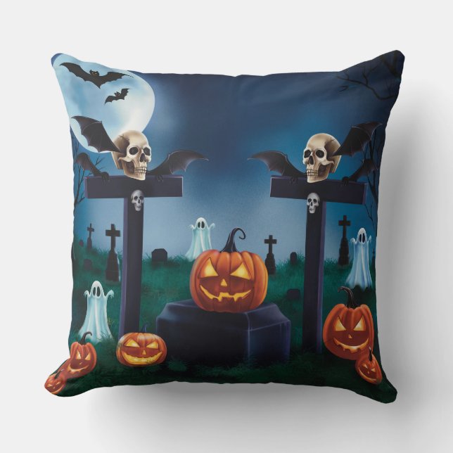 "Terrifying Night at the Cemetery on Halloween" Throw Pillow (Front)