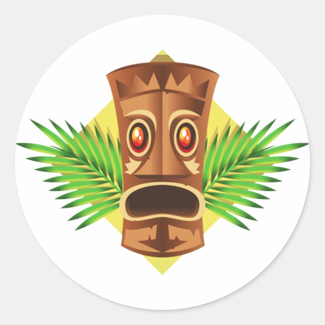 Terrifying Tiki Tropical Statue With Palms Classic Round Sticker (Front)