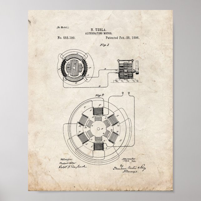 Tesla Alternating Motor Patent - Old Look Poster (Front)