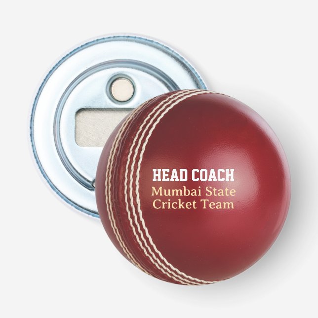 Test Match Red Cricket Ball with Custom Text Bottle Opener (Front)