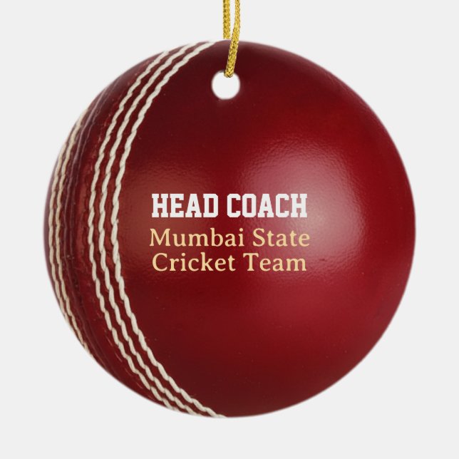Test Match Red Cricket Ball with Custom Text Ceramic Ornament (Front)