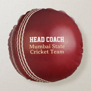 Test Match Red Cricket Ball with Custom Text Round Pillow