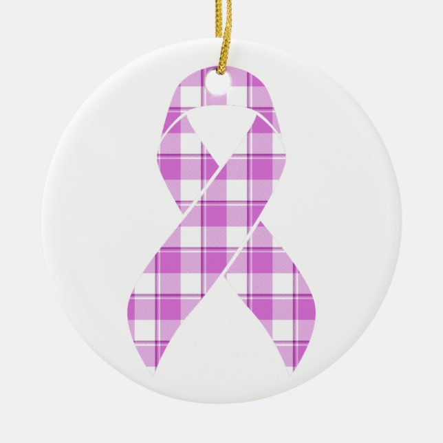 Testicular Cancer Awareness Plaid Purple Ribbon Ceramic Ornament (Front)