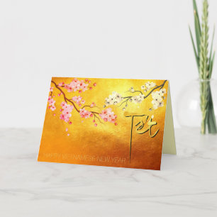 Tet Hoa Anh Dao Blossom Vietnamese New Year Gold C Holiday Card