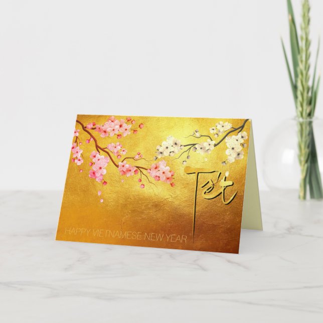 Tet Hoa Anh Dao Blossom Vietnamese New Year Gold C Holiday Card (Front)