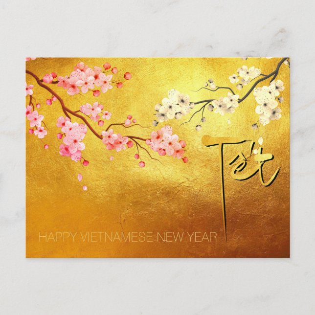 Tet Hoa Anh Dao Blossom Vietnamese New Year Gold P Invitation Postcard (Front)