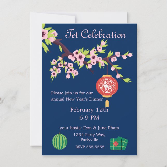 Tet New Year OX Hoa Dao Blossoms Invitation (Front)