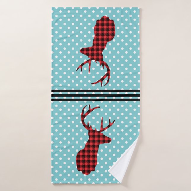 Tête de cerf avec Antlers - Rouge rustique Plaid (Serviette de bain)