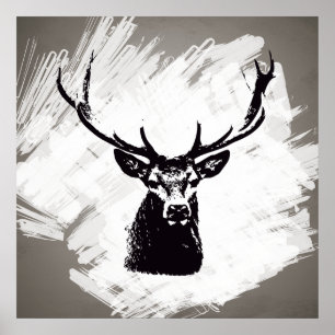 Tête de cerf noir en blanc   Poster