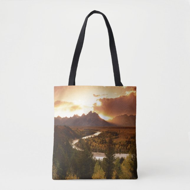 Teton Range at sunset, from Snake River Tote Bag (Front)
