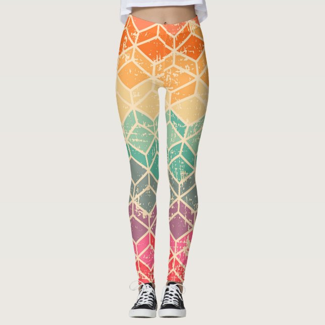 Tetragonal Geometric Grunge Seamless Pattern Leggings (Front)