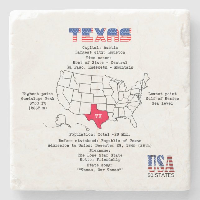 Texas American state on a map and useful info Stone Coaster (Front)