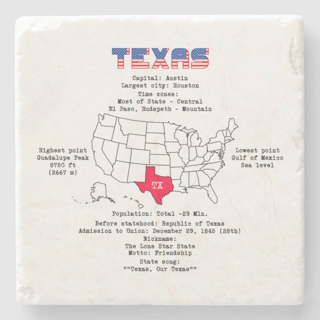 Texas American state on a map and useful info Stone Coaster (Front)