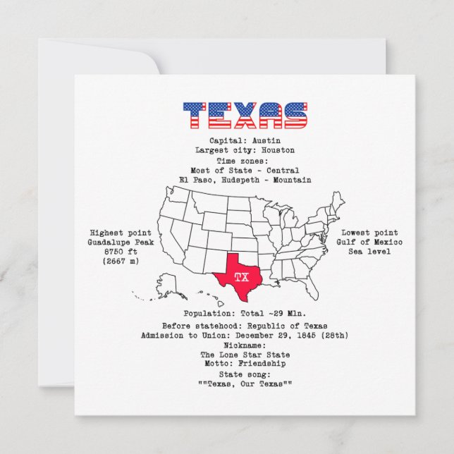 Texas American state on a map and useful info Thank You Card (Front)