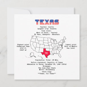 Texas American state on a map and useful info Thank You Card