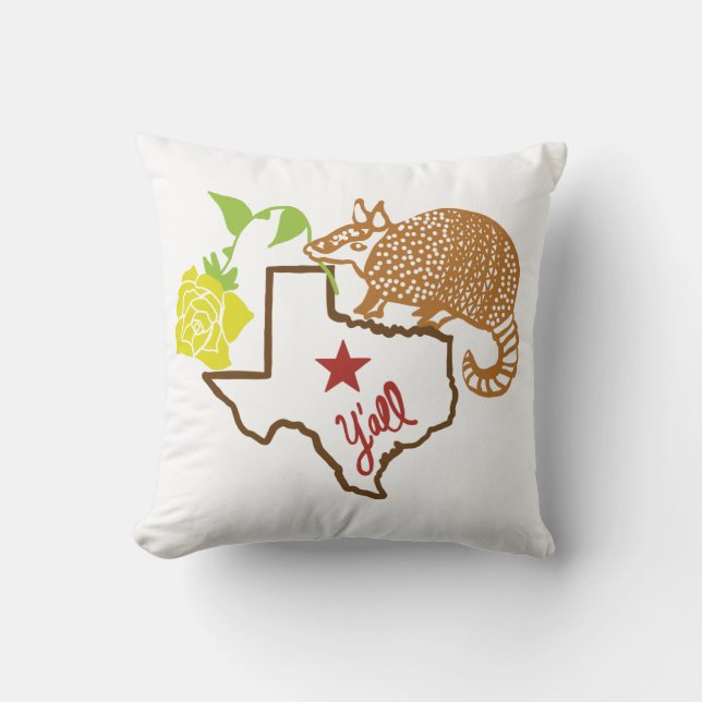 Texas Armadillo and Yellow Rose Throw Pillow (Front)