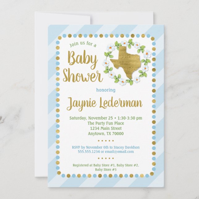 Texas Baby shower Invitation Blue Gold Boys (Devant)