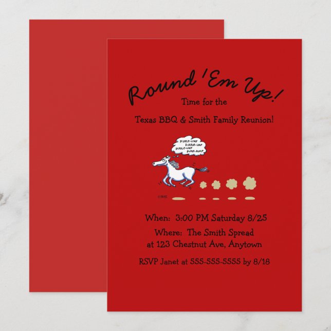 Texas BBQ Family Reunion Cartoon Horse Invitation (Devant / Derrière)