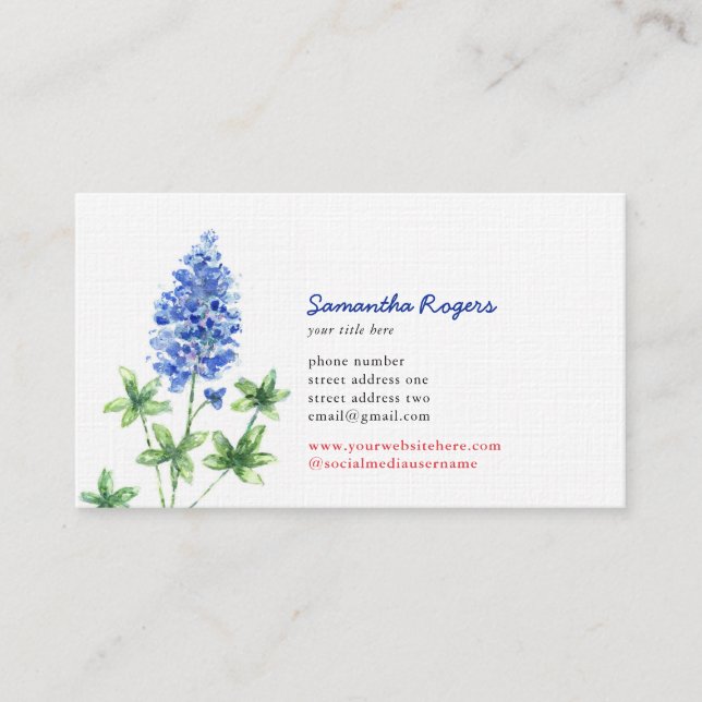 Texas Bluebonnet and Flag Watercolor Business Card (Front)