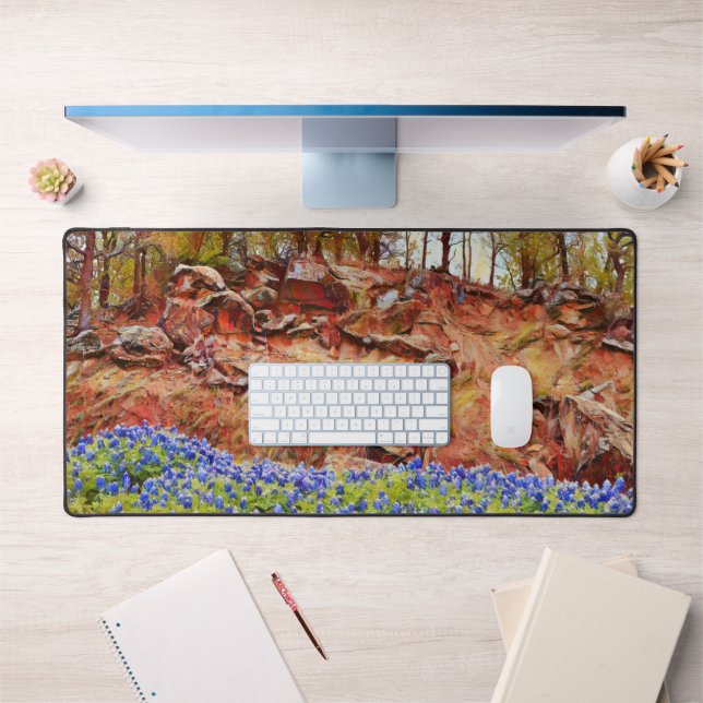 Texas Bluebonnet Flowers and Mountain Art  Desk Mat (Office 1)