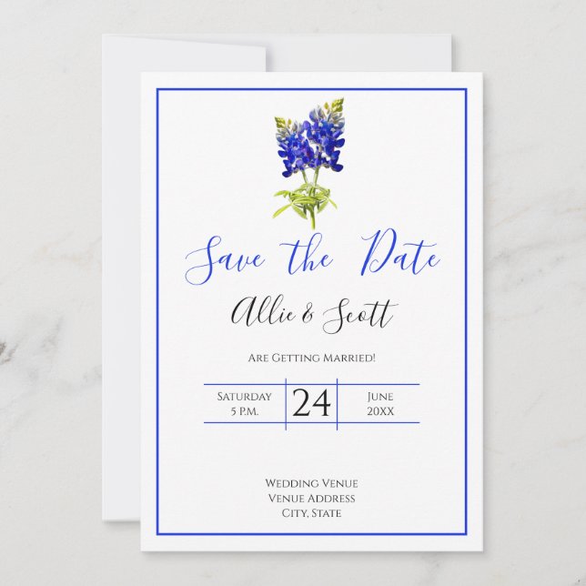 Texas Bluebonnet Flowers, Modern Wedding Save Date Invitation (Front)