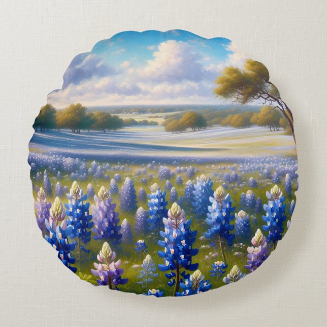Texas Bluebonnet Meadow Landscape Round Pillow (Front)