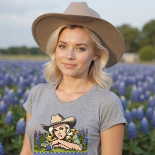 Texas Bluebonnet Season Blonde Retro Cowgirl  T-Shirt