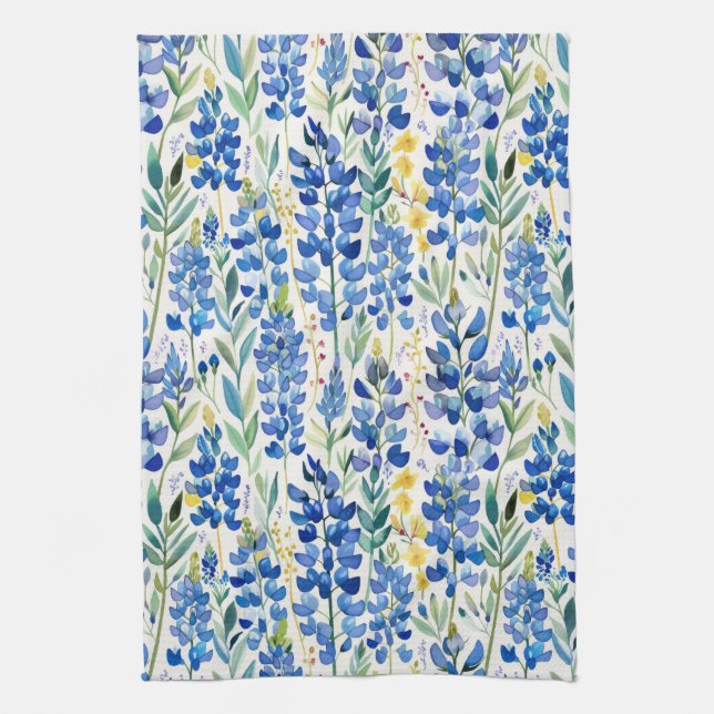 Texas Bluebonnet Wildflower Pattern Kitchen Towel (Vertical)